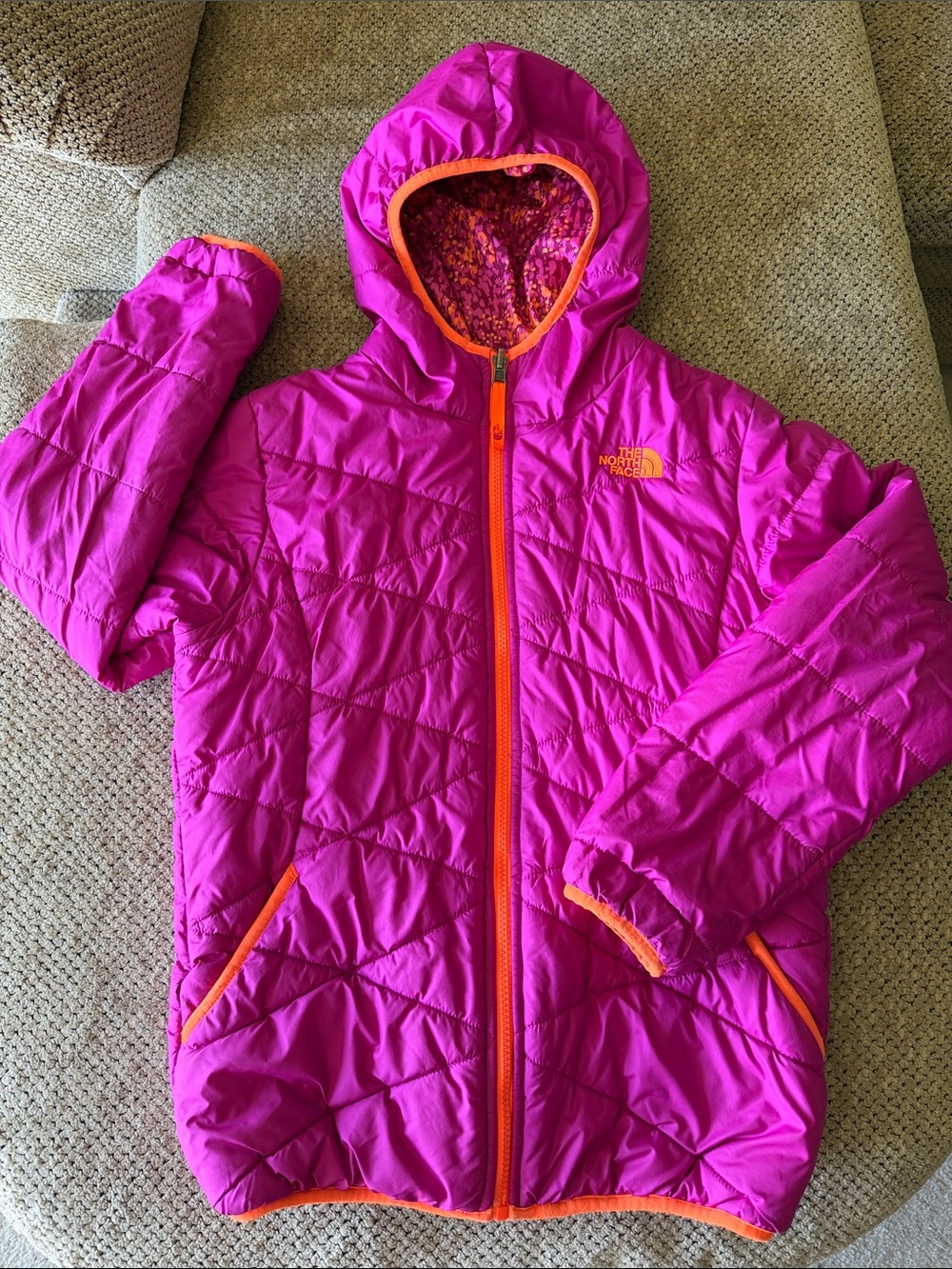 The North Face L(14/16) Reversible  Pink Hooded Puffer Jacket with Orange Trim
